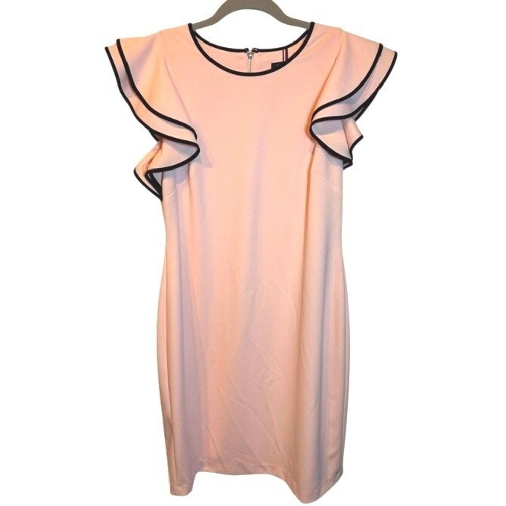 Tommy Hilfiger Sheath Dress Women's Soft Pink Black Ruffle Sleeve Midi Size 12